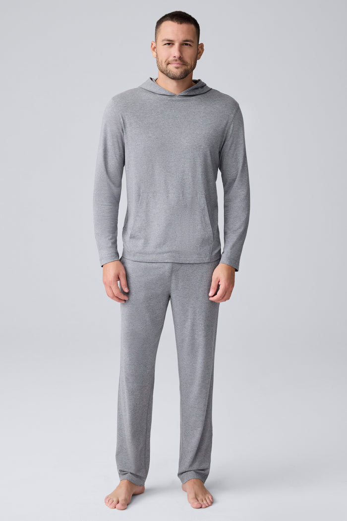 Full Front view of a man wearing 18-Hour Jersey Hoodie in Medium Grey Heather