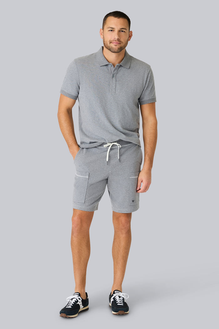Full front view of a man wearing Ace Cargo Sweatshort in Grey Heather