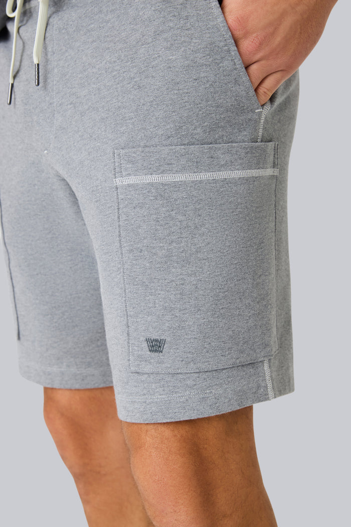 Side pocket of Ace Cargo Sweatshort in Grey Heather
