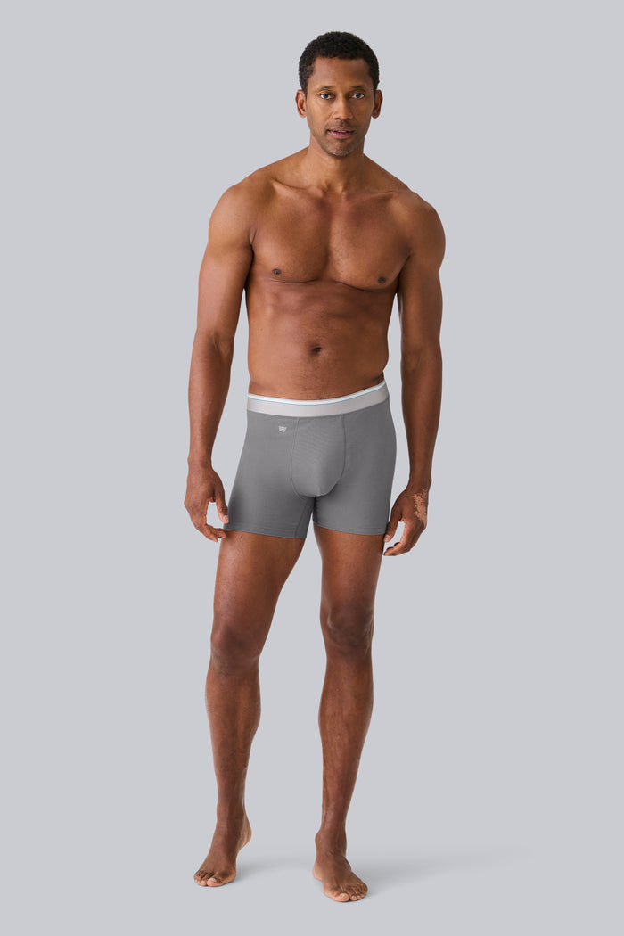Full front view of a man wearing AIRKNITx Cotton Boxer Brief in Steel