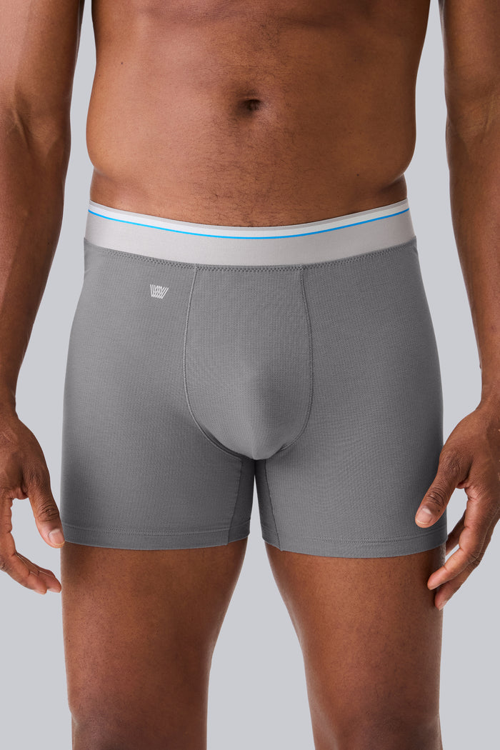 Front view of a man wearing AIRKNITx Cotton Boxer Brief in Steel