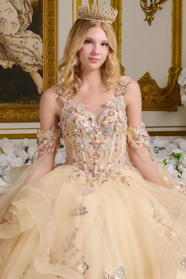 3D Butterfly Cut-Away Shoulder Quinceanera Dress by Elizabeth K - GL3648