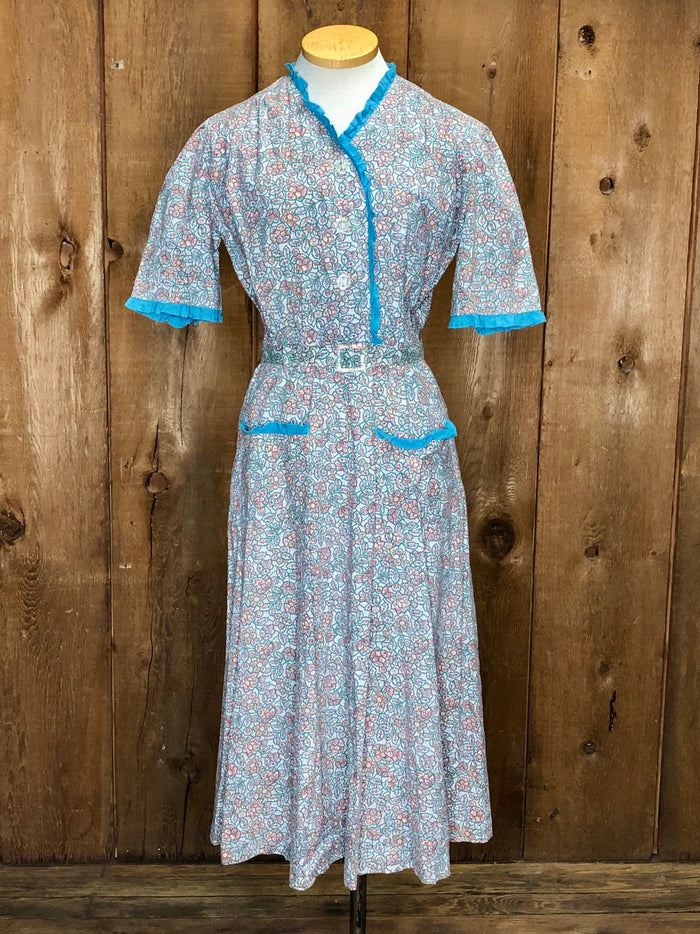 40s Cotton Floral Blue Trim Dress   W28"