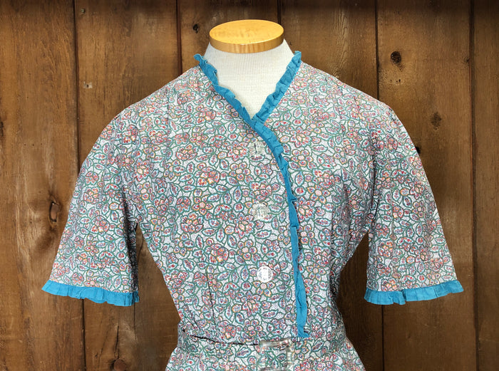 40s Cotton Floral Blue Trim Dress   W28"