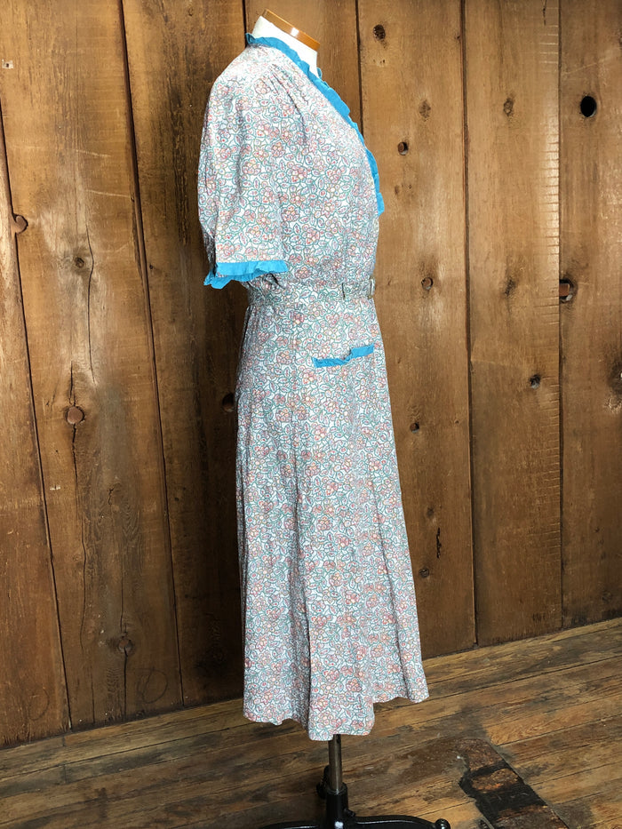 40s Cotton Floral Blue Trim Dress   W28"