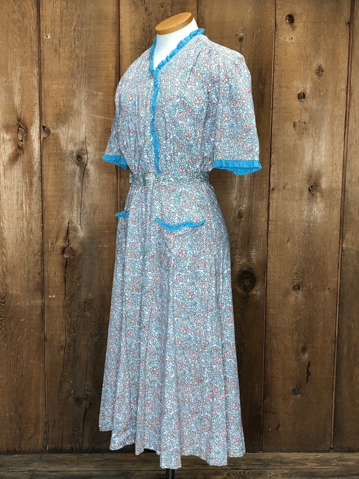 40s Cotton Floral Blue Trim Dress   W28"