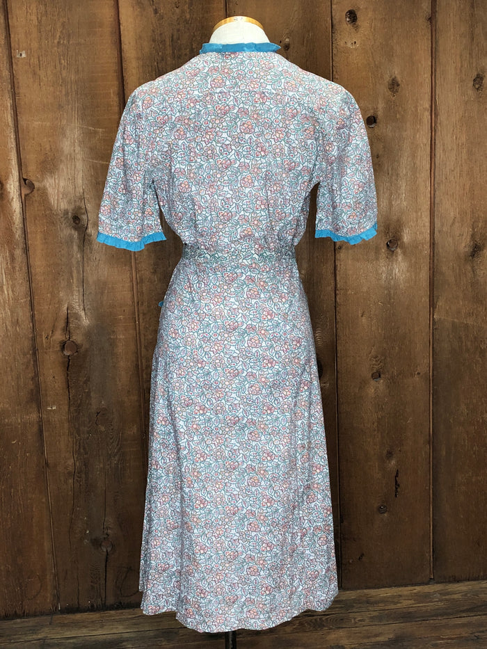 40s Cotton Floral Blue Trim Dress   W28"