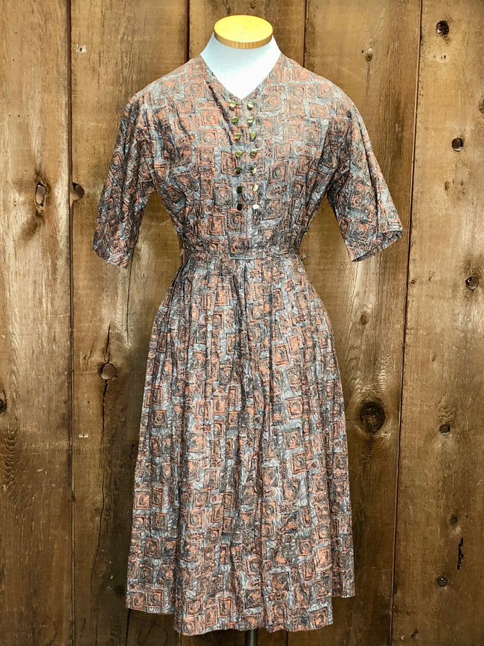 50s Orng Medallions Cotton Dress    W27"