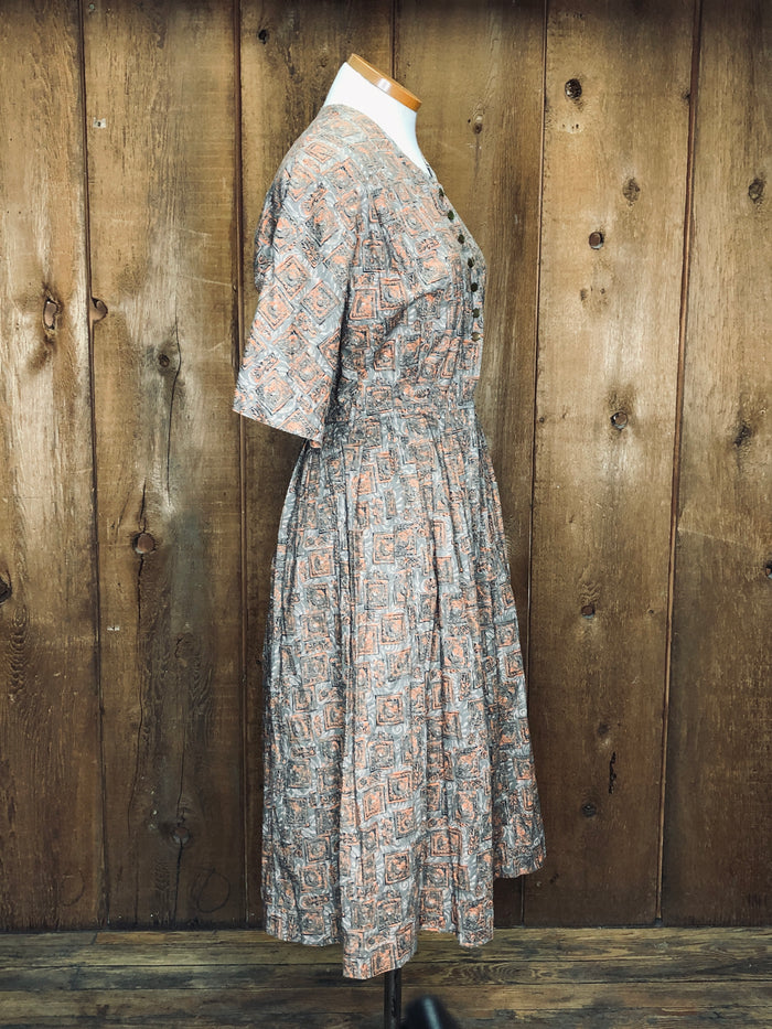 50s Orng Medallions Cotton Dress    W27"
