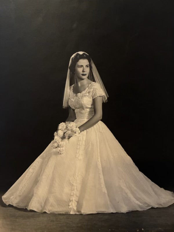 50s Sylvia Ann Bridal Stitch Stripe Gown    w25