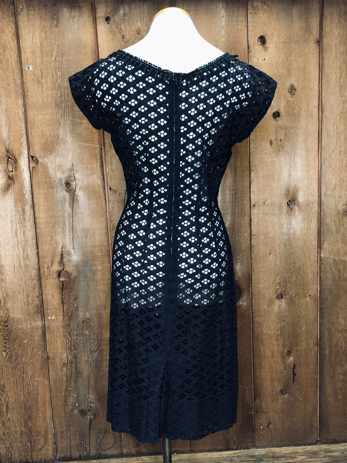 60s Black Lace Dress w/Bow     W28"