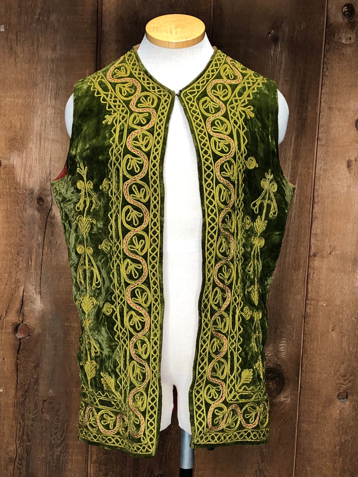 70s Grn Emb. Velvet Tunic Vest     M