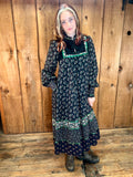 70s Gunne Sax Calico on Blk Midi Dress    S/M