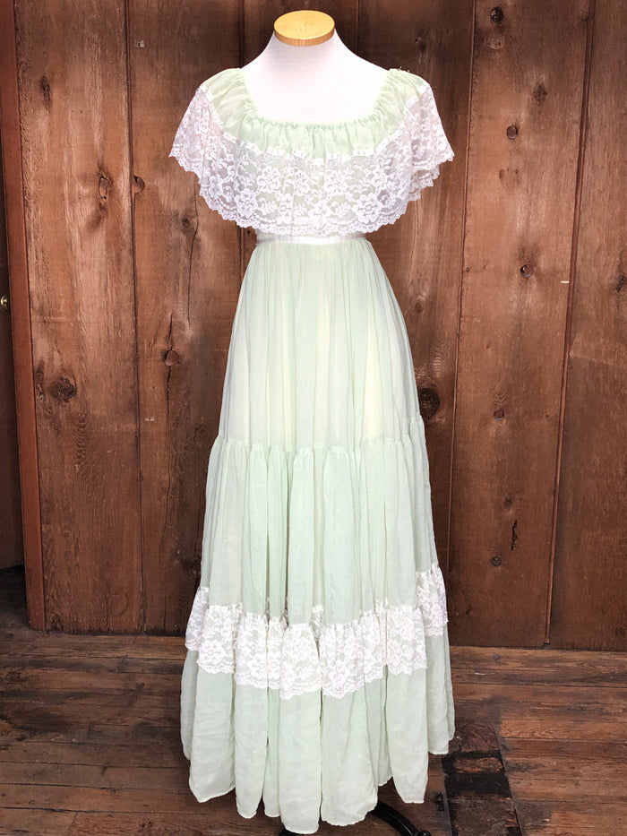 70s Gunne Sax Sage & Lace Maxi Dress    W26
