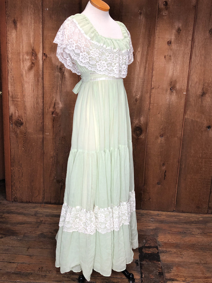 70s Gunne Sax Sage & Lace Maxi Dress    W26