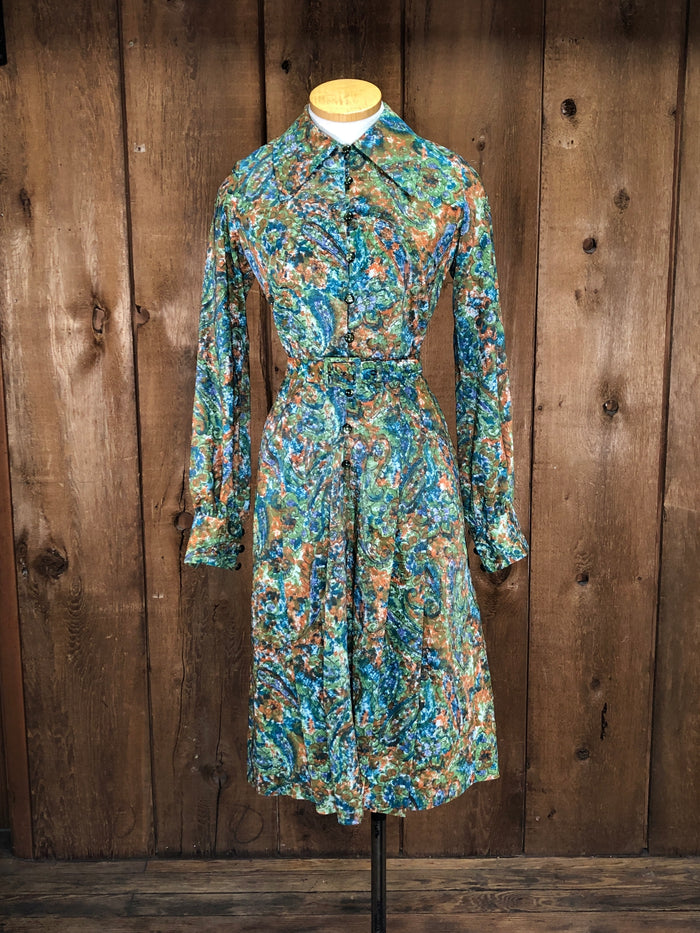 70s Muted Paisley Shirt Dress    W29