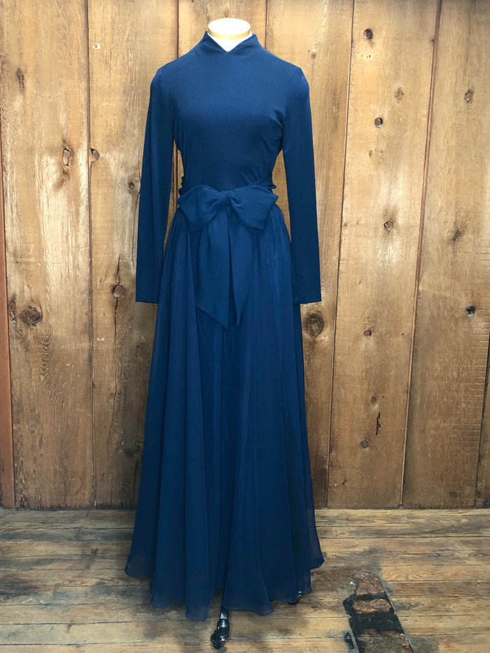 70s Navy Stretch & Organza Gown       W28"