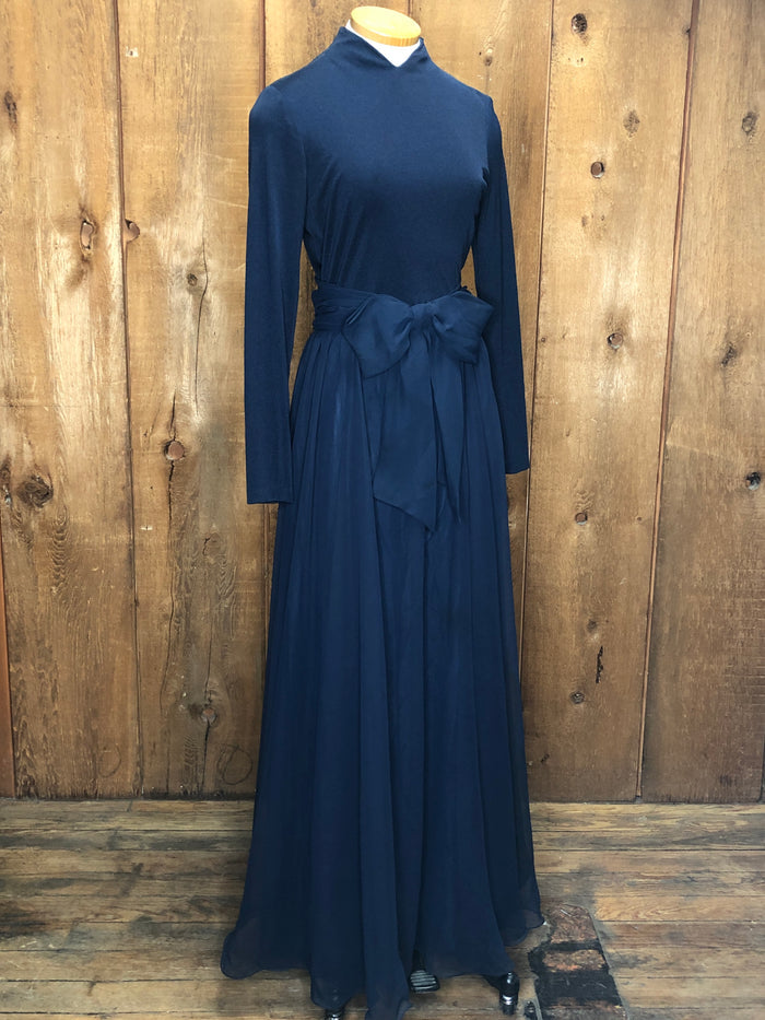 70s Navy Stretch & Organza Gown       W28"