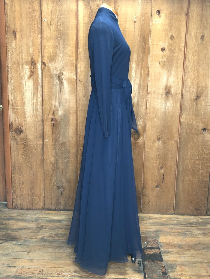 70s Navy Stretch & Organza Gown       W28"