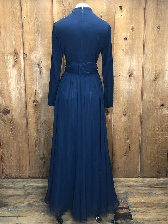 70s Navy Stretch & Organza Gown       W28"