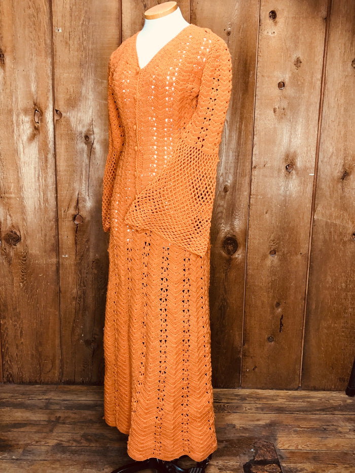70s Orange Crochet Bell Sleeve Maxi Dress       M