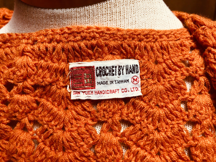 70s Orange Crochet Bell Sleeve Maxi Dress       M