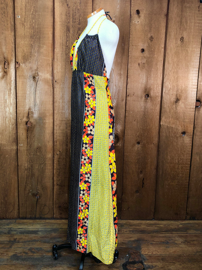 70s Yllw/Brwn Pop Art Halter Maxi Dress    M
