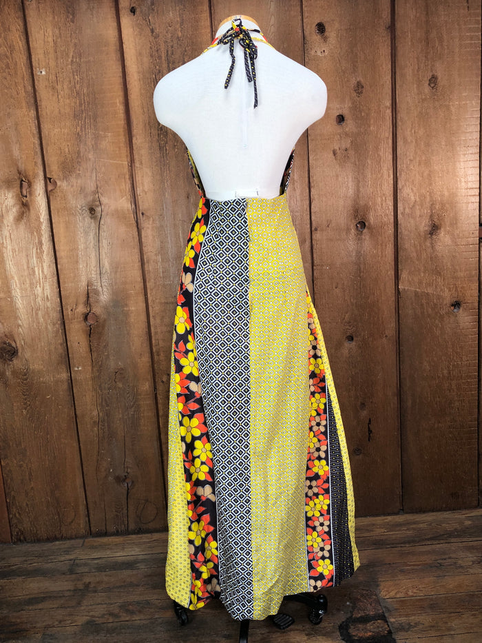 70s Yllw/Brwn Pop Art Halter Maxi Dress    M