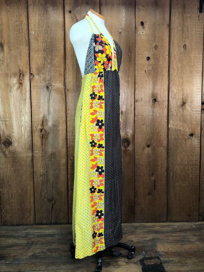 70s Yllw/Brwn Pop Art Halter Maxi Dress    M