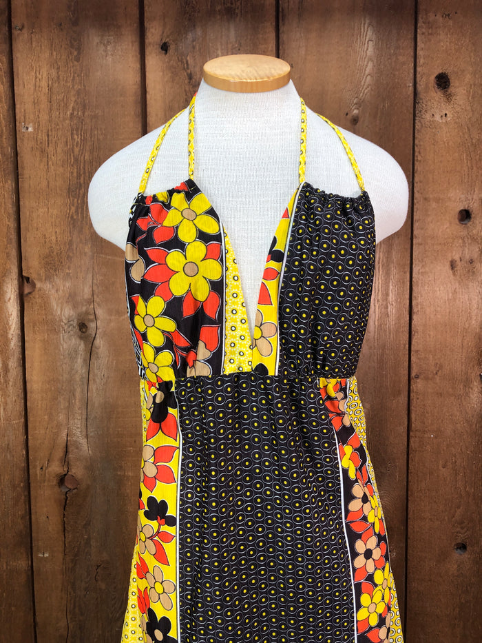 70s Yllw/Brwn Pop Art Halter Maxi Dress    M