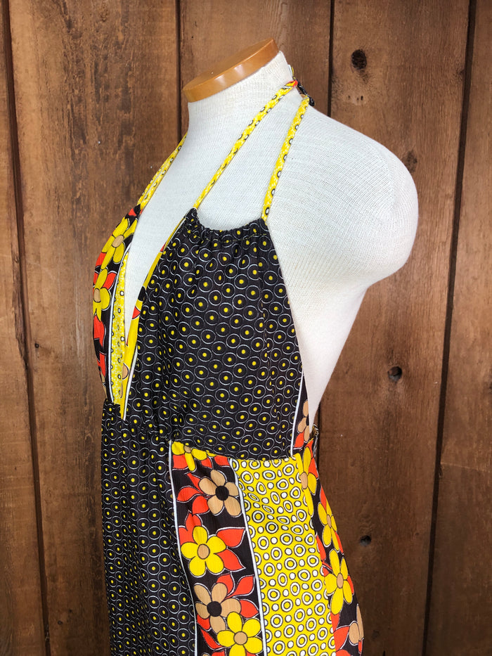 70s Yllw/Brwn Pop Art Halter Maxi Dress    M