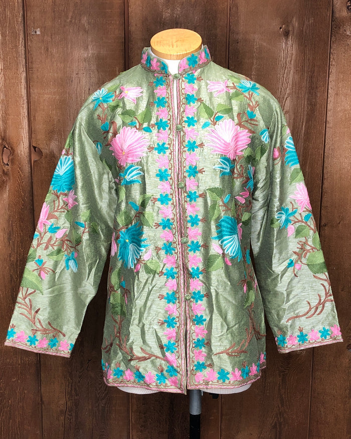 80s Embroid. Kashmiri Jacket Sage/Pink    L