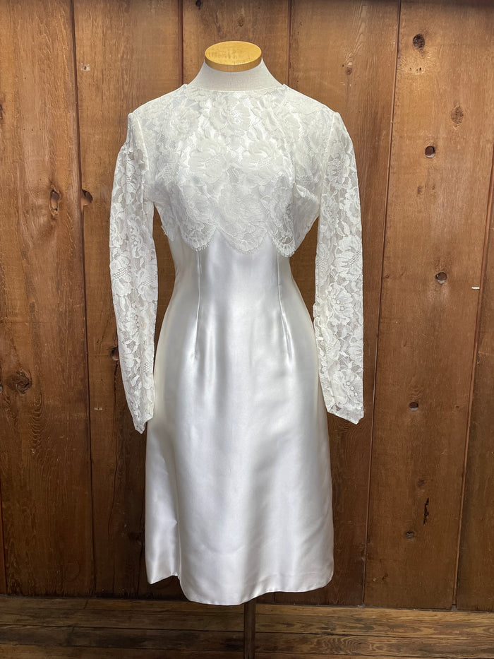 90s Lace & Satin Sheath Tea Length Wedding Dress   W29