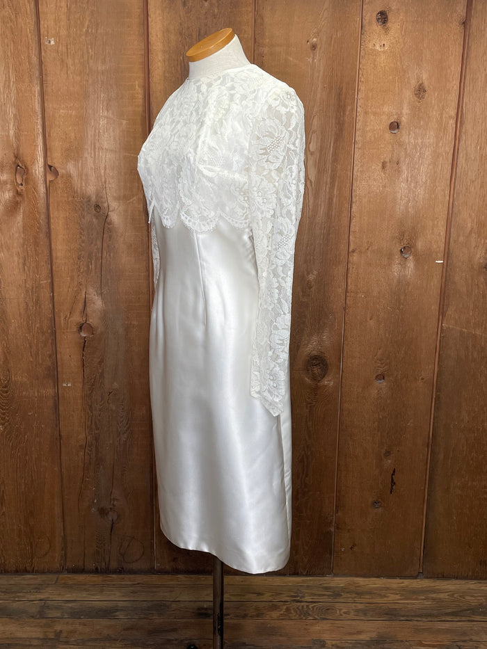 90s Lace & Satin Sheath Tea Length Wedding Dress   W29