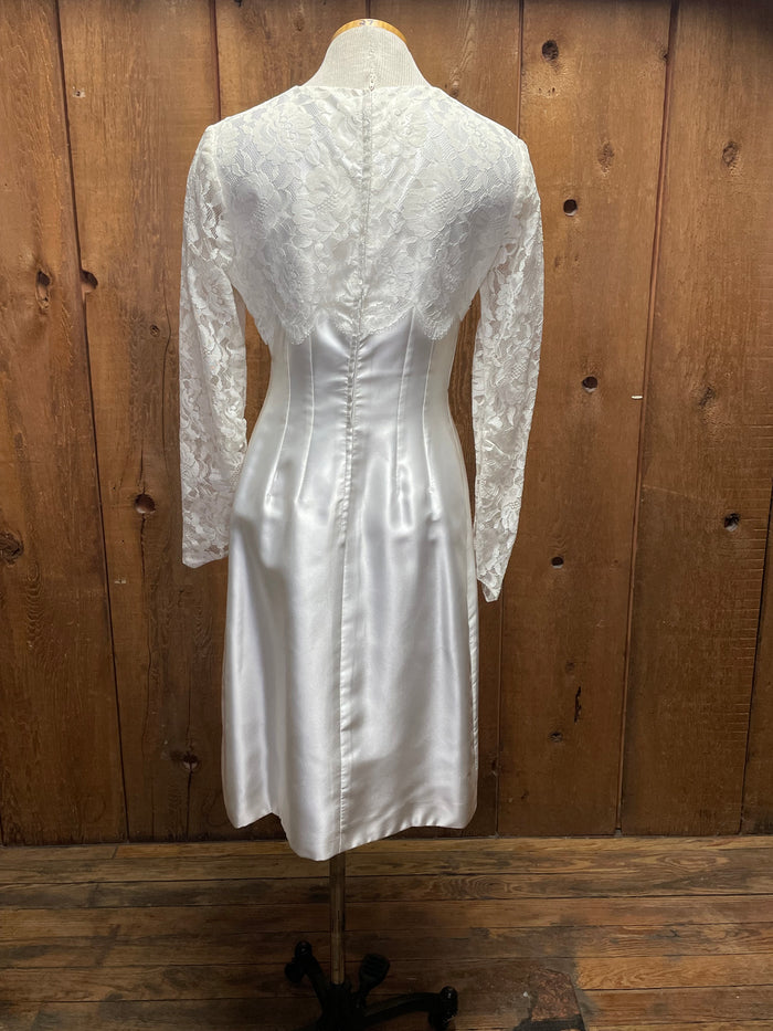 90s Lace & Satin Sheath Tea Length Wedding Dress   W29