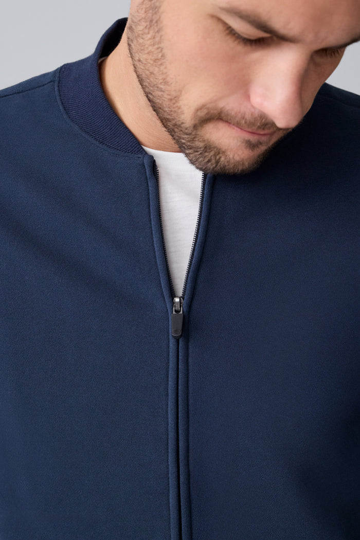 Detailed front view of a man wearing Ace Bomber Jacket in Total Eclipse
