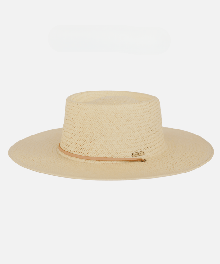 A cream straw hat with a band on a white background #color_cream