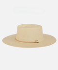A cream straw hat with a band on a white background #color_cream