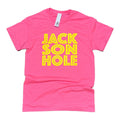 A pink t-shirt with 'JACKSON HOLE' printed in yellow text on the front.