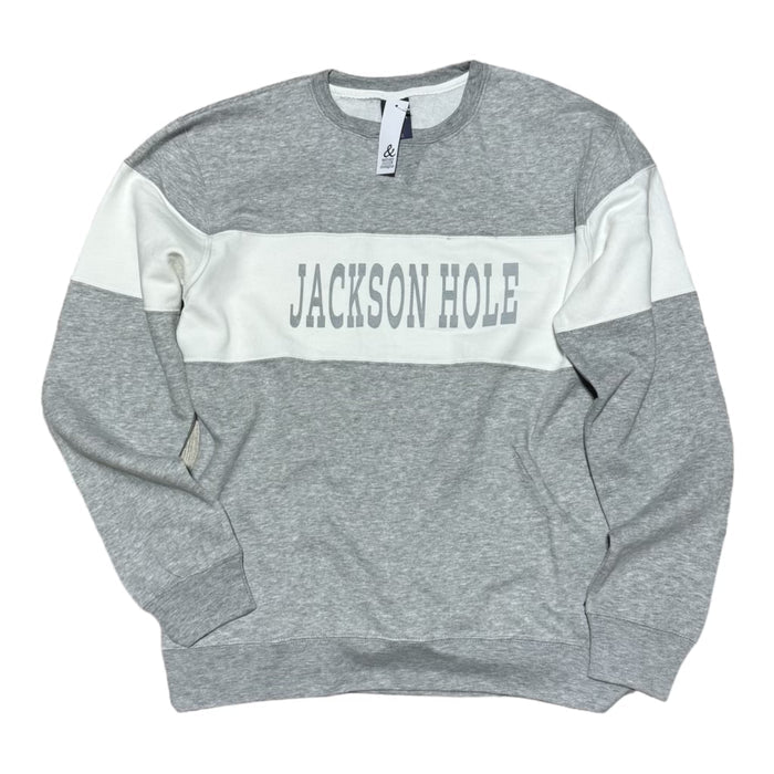 A color block varsity sweatshirt with 'JACKSON HOLE' text on the front, consisting of a grey and white panel.