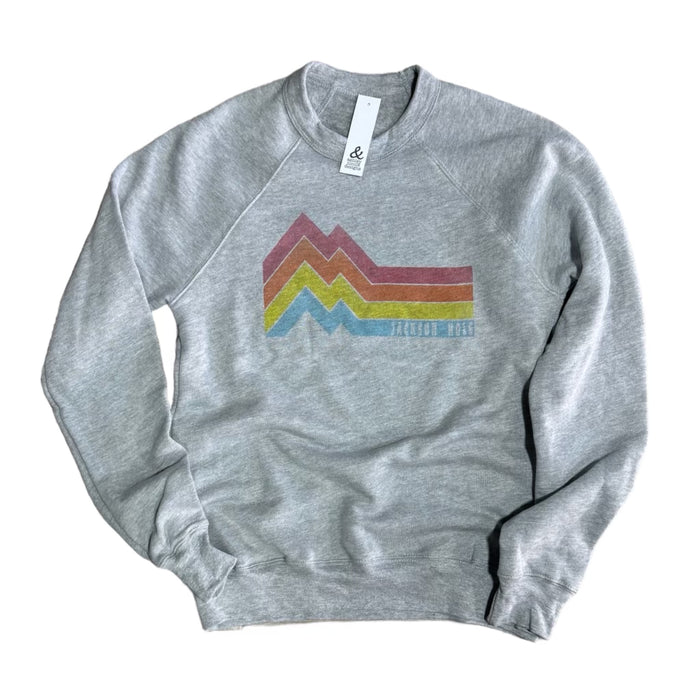 A gray sweatshirt with a colorful striped mountain graphic on the front.