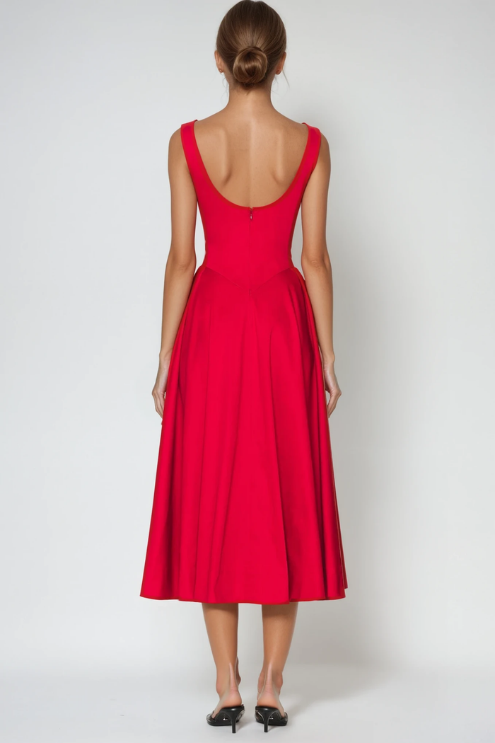 Argyle Ruffle Backless Midi Dress In Red