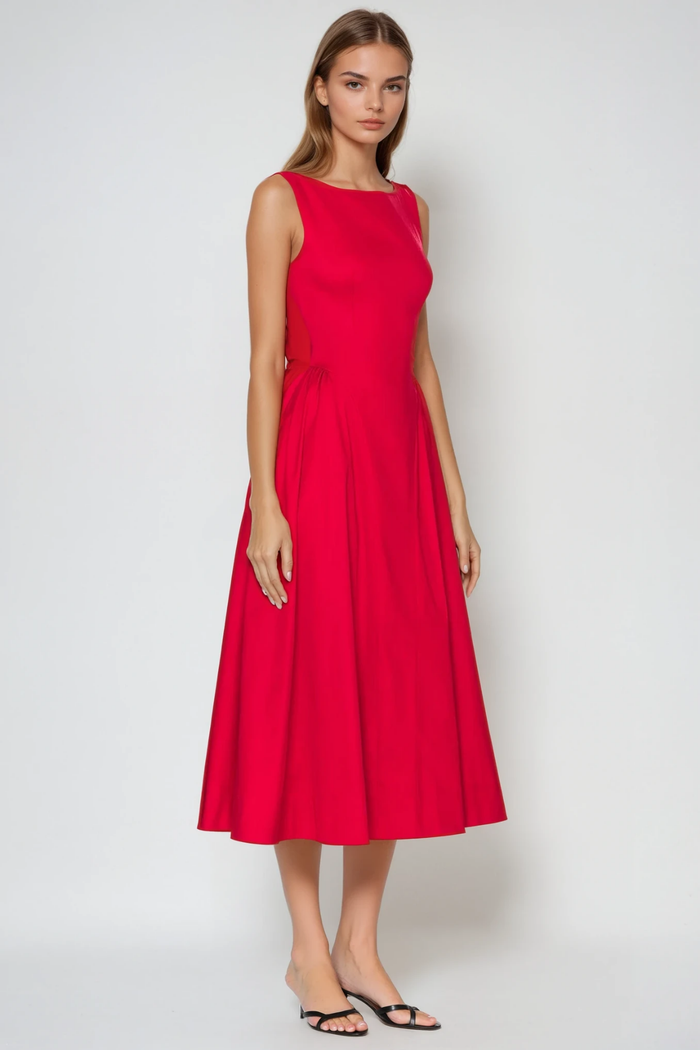 Argyle Ruffle Backless Midi Dress In Red