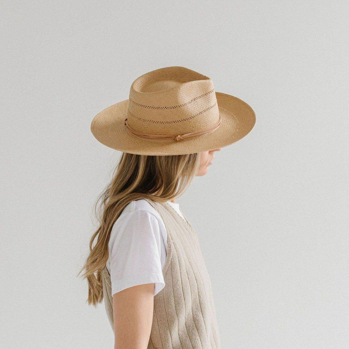 Woman wearing a honey colored fedora straw hat with a hat band and a beige sweater, facing sideways against a plain background #color_honey