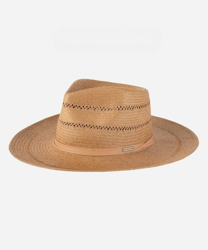 A honey colored straw fedora hat with a hat band on a plain background #color_honey
