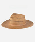 A honey colored straw fedora hat with a hat band on a plain background #color_honey