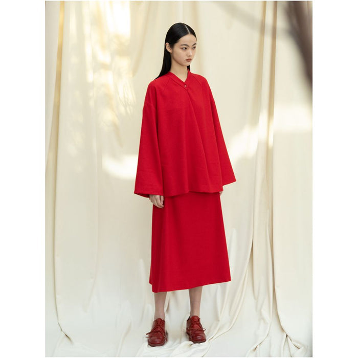 Knitted fabric three dimensional cutting Chinese elements high cold and bright red shirt set image 0