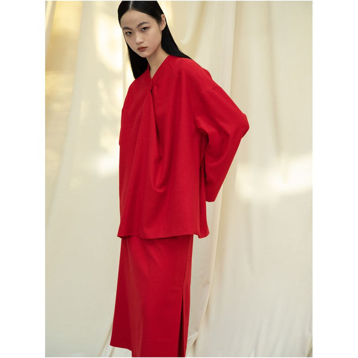 Knitted fabric three dimensional cutting Chinese elements high cold and bright red shirt set image 2