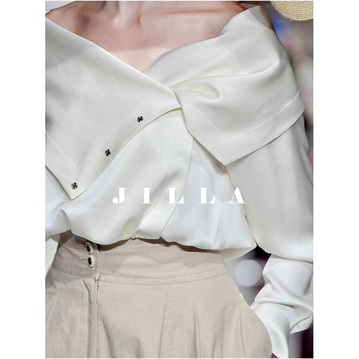 JILLA Spring Summer French White Versatile Wearing Method Satin Top Glossy niche V neck Soft Shirt image 1