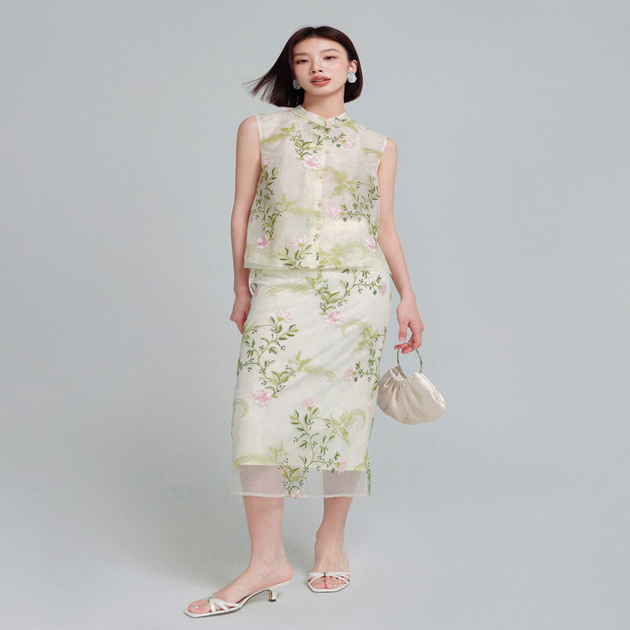KOHS Jade Manhua New Chinese Style Vest Heavy Industry Eugen Embroidery Thin Half Skirt Set image 2